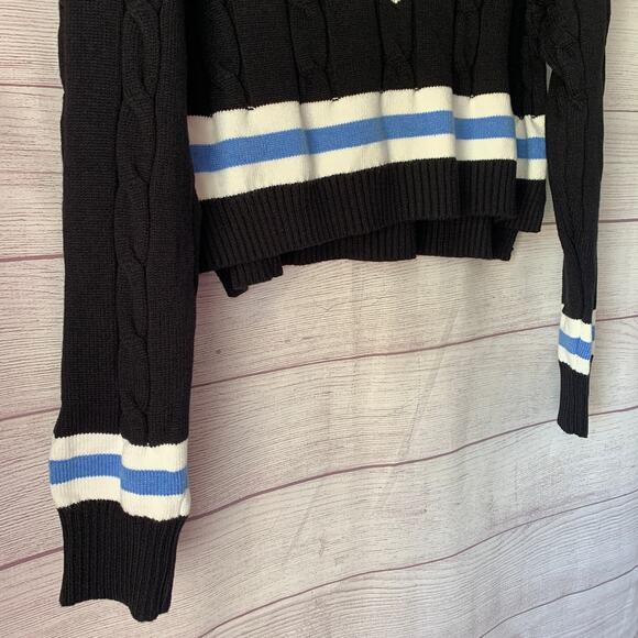 Balboa Fashion Cable Knit Tennis Sweater Black Blue Striped Crop With Tag Size L - Picture 16 of 16